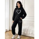 Kız Çocuk Kalp ve Kelebek Baskılı Siyah Eşofman Takımı (Kapüşonlu Sweatshirt ve Alt)