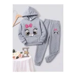 Kız Çocuk Gri Sevimli Kedi Baskılı Eşofman 2Lİ Takımı (Kapüşonlu Sweatshirt ve Alt) - Görsel 4