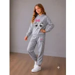 Kız Çocuk Gri Sevimli Kedi Baskılı Eşofman 2Lİ Takımı (Kapüşonlu Sweatshirt ve Alt) - Görsel 5