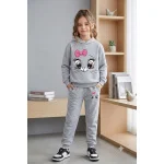 Kız Çocuk Gri Sevimli Kedi Baskılı Eşofman 2Lİ Takımı (Kapüşonlu Sweatshirt ve Alt) - Görsel 6