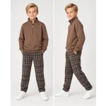 Çocuk Yarım Fermuarlı Sweatshirt ve Ekose Pantolon Takımı 4-12 Yaş